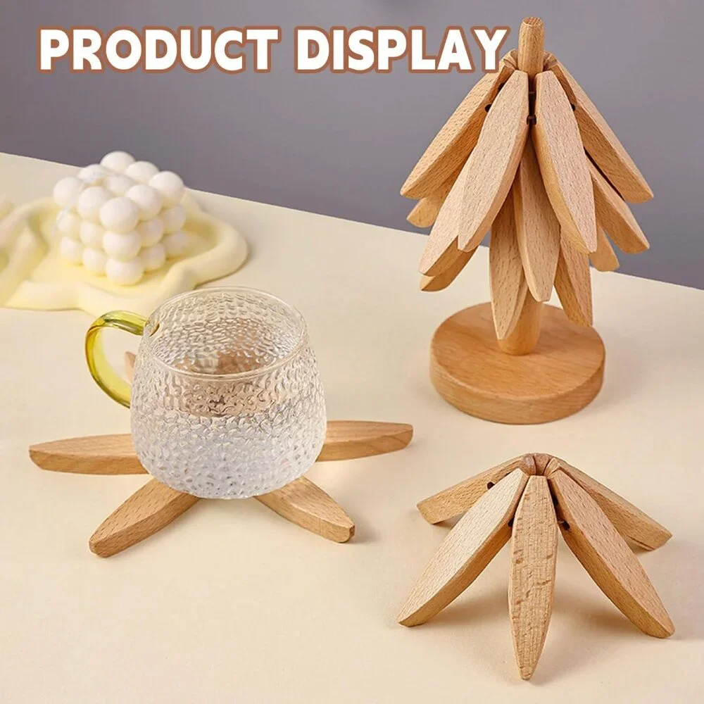 Wooden Trivets for Hot Dishes, Tree Shape Trivet Set, 4 Walnut Wood + 1 Stand st